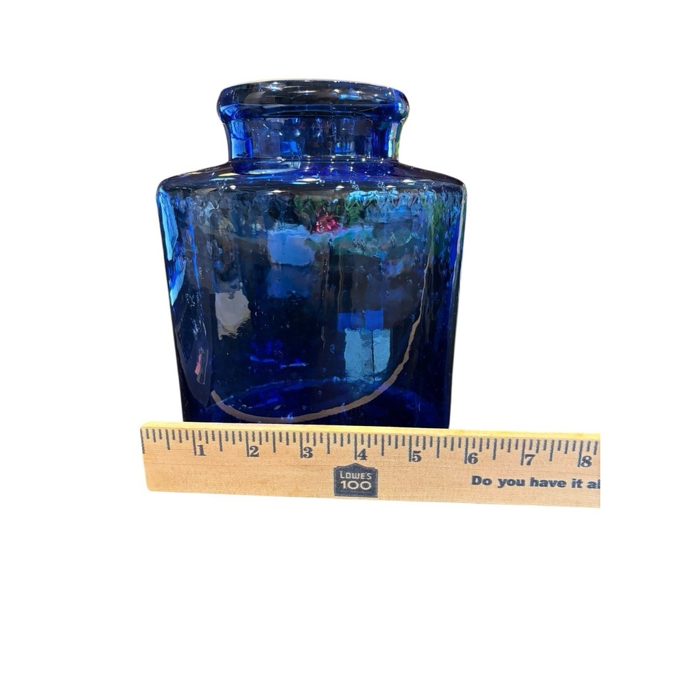 Mid Century Apothecary Jar Canister with Lid Blue Bubble Glass Hand Blown‎ 10" - Picture 7 of 9